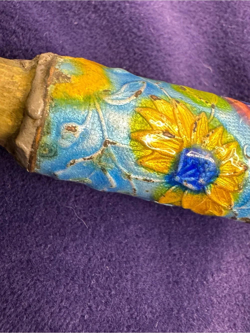 Chinese Vintage Silk Iron Brass Repousse Blue Enamel Floral Detailed Unique